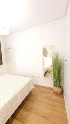 a white bedroom with a bed and a potted plant at Casa Porvenir in Jerez de la Frontera