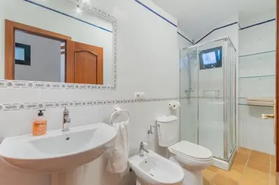 a bathroom with a sink and a toilet and a shower at Encantador piso Plaza Rivero in Jerez de la Frontera