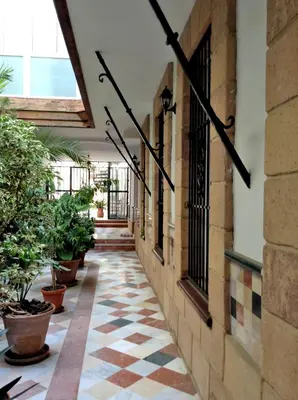 a corridor of a building with potted plants at Ático con terraza privada en casa Palacio del Centro Histórico in El Puerto de Santa María