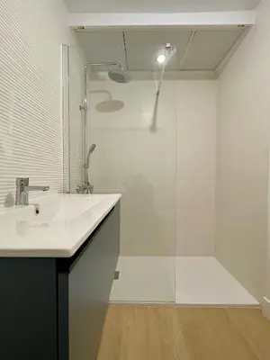 a bathroom with a sink and a shower at Apartamento Pie de Rey in Jerez de la Frontera