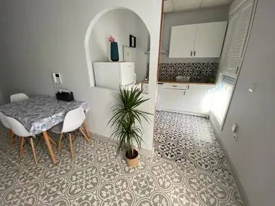 a kitchen and dining room with a table and a plant at Central train station appartament in Jerez de la Frontera
