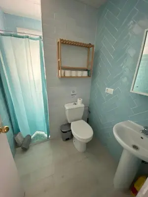 a bathroom with a toilet and a shower and a sink at Central train station appartament in Jerez de la Frontera