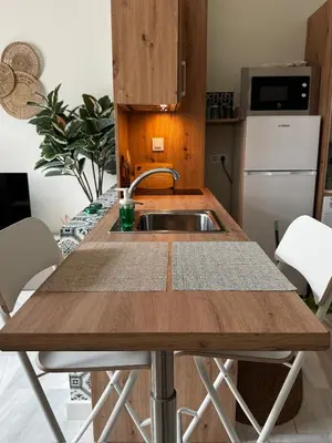 a kitchen with a wooden counter top with a sink at Karisma Alcázar in Jerez de la Frontera