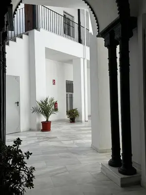 an empty hallway with potted plants in a building at Karisma Alcázar in Jerez de la Frontera