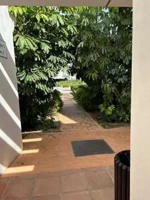 a brick walkway with trees and a trash can at LA CASA DE LOS PATOS Jardines del lago in Costa de Sanlúcar