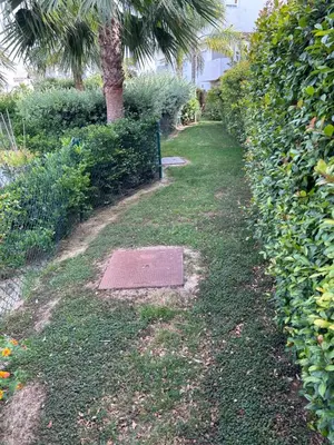 a garden with a metal grate in the grass at LA CASA DE LOS PATOS Jardines del lago in Costa de Sanlúcar