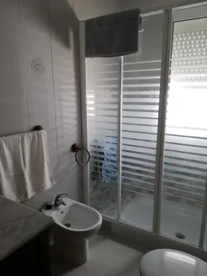 a bathroom with a shower and a toilet and a sink at El piso de Amelia in Sanlúcar de Barrameda