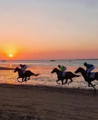four people riding horses on the beach at sunset at Cabildo 3 in Sanlúcar de Barrameda