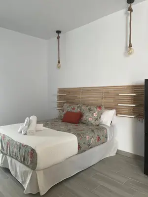 a bedroom with a large bed with a white bedspread at Apartamentos Turísticos Antonio Parra in Jerez de la Frontera