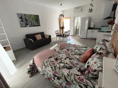 a bedroom with a bed and a living room at Apartamentos Turísticos Antonio Parra in Jerez de la Frontera