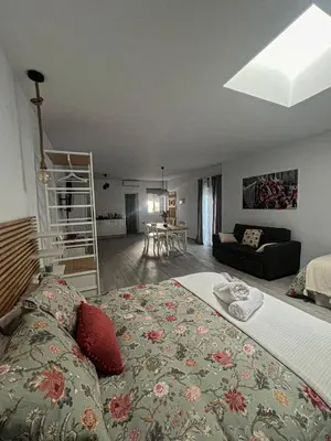a bedroom with a bed and a living room at Apartamentos Turísticos Antonio Parra in Jerez de la Frontera