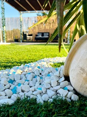 a rock garden in the grass with a large pot at Casa Rural El Pequeño Oasis in Arcos de la Frontera