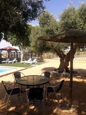 a patio with a table and chairs and an umbrella at Casa Rural El Almendrillo in Arcos de la Frontera