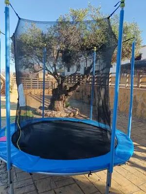 a blue trampoline in front of a tree at Casa Rural El Almendrillo in Arcos de la Frontera