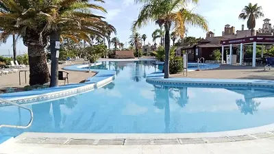 a large swimming pool with palm trees in a resort at Apartamentos Jasmund - Bungalow 87 in San Fernando