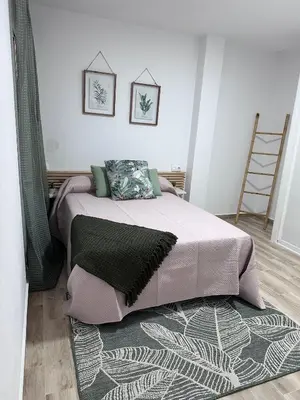 a bedroom with a bed with a blanket and a rug at Solera in Jerez de la Frontera