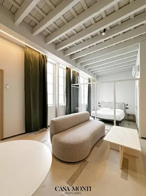 a living room with a couch and a table at CASA MONTI Sherry Suites in Jerez de la Frontera