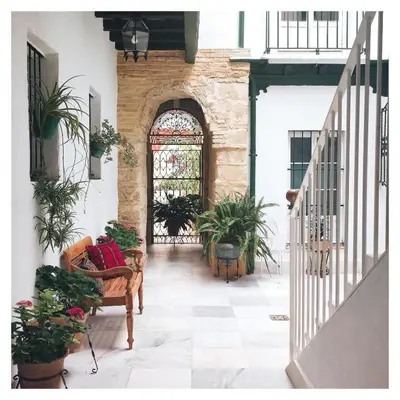 an indoor courtyard with a chair and potted plants at LA BARAKA APARTAMENTO in Jerez de la Frontera