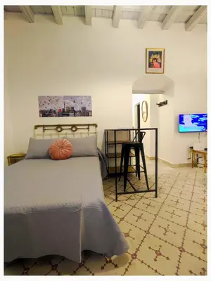 a bedroom with a bed and a table and a television at LA BARAKA APARTAMENTO in Jerez de la Frontera