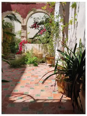a patio with plants and an archway in a garden at LA BARAKA APARTAMENTO in Jerez de la Frontera