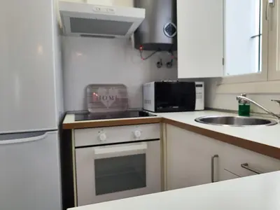 a small kitchen with a stove and a sink at Suite del Mercado Little Apartments in Cádiz