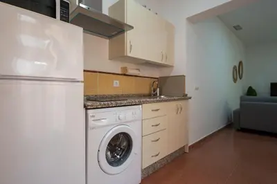 a kitchen with a washing machine and a refrigerator at Casa Palacio la Mar Salá in El Puerto de Santa María