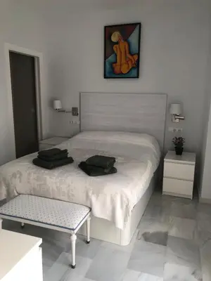 a bedroom with a bed and a picture on the wall at Centro de Sanlúcar in Sanlúcar de Barrameda