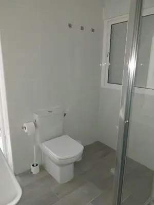 a white bathroom with a toilet and a shower at Brisas de Puerto Real in Puerto Real