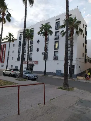 a large white building with palm trees in front of it at Brisas de Puerto Real in Puerto Real