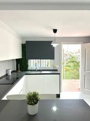 a kitchen with white cabinets and a potted plant at Unifamiliar Chiclana, La Barrosa in Chiclana de la Frontera
