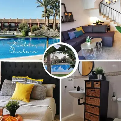 a collage of pictures of a living room and a pool at Kalma Vivienda vacacional la barrosa Chiclana Cadiz in Chiclana de la Frontera