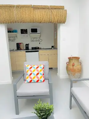 a living room with a chair and a vase at SOTAVENTO Salmarina in Sanlúcar de Barrameda