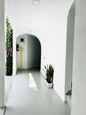 a hallway with white walls and a hallway with plants at Sotavento Malandar in Sanlúcar de Barrameda