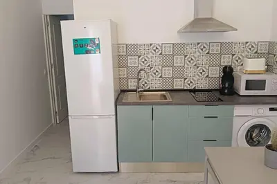 a white refrigerator in a kitchen with a sink at Apartamento, Plaza las Infantas in Sanlúcar de Barrameda