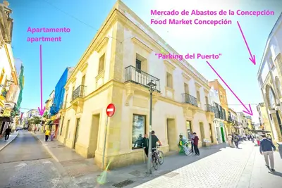 a picture of a city street with buildings at Mercado Abastos Central Apartment in El Puerto de Santa María