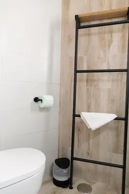 a bathroom with a toilet and a towel rack at Casa Amelí by Gades Gestión in Cádiz