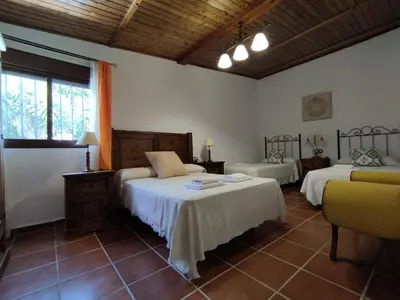 a room with two beds and a chair in it at Vivienda Rural Los Madroños in Malcocinado