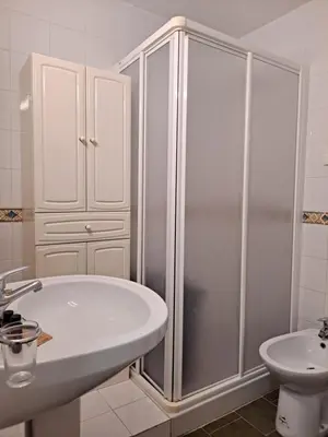 a bathroom with a shower and a sink and a toilet at Apartamento bajo Acuario in Chiclana de la Frontera