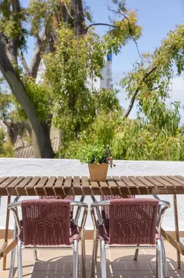 a table and chairs with a potted plant on it at Apartamento con terraza en Playa de Regla. 6. in Chipiona
