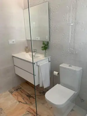 a bathroom with a toilet and a sink and a mirror at Chalet junto a la playa en Costa Sancti Petri in Chiclana de la Frontera