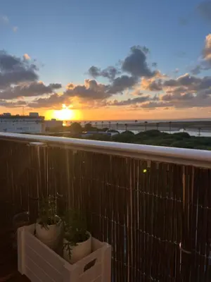 a balcony with potted plants and a sunset at La Bahía playa in El Trocadero