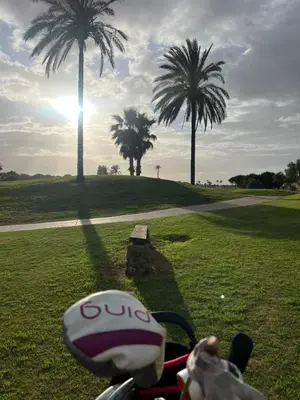 a person riding a bike with a golf ball and palm trees at La Bahía playa in El Trocadero