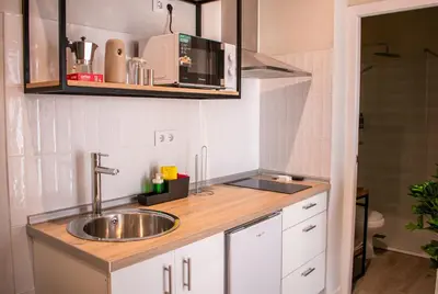 a small kitchen with a sink and a microwave at Apartamentos Ribera del Rio 36 in El Puerto de Santa María