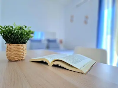 an open book on a table with a potted plant at El paraíso de los Suᴇños in Chiclana de la Frontera