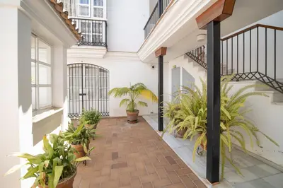 a courtyard with potted plants in a building at Sibs Sanlucar Altamar Nuevo Centrico Tranquilo in Sanlúcar de Barrameda
