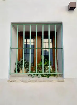 a window with bars on it with plants in it at Pimenium 318 in Medina Sidonia