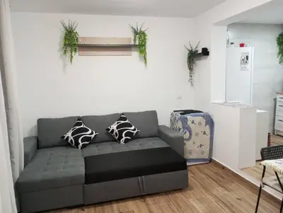 a living room with a gray couch with two pillows at La parada in El Puerto de Santa María