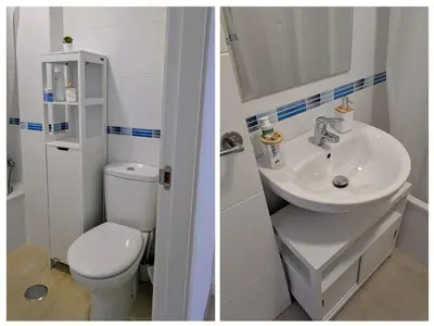 two pictures of a bathroom with a toilet and a sink at Apartamento Costa de la Luz in Chiclana de la Frontera