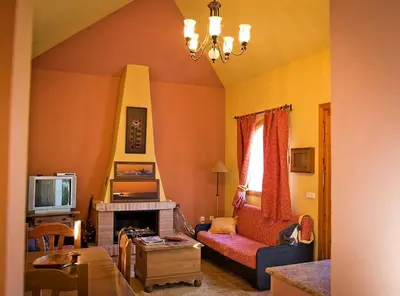a living room with a couch and a fireplace at Casa 1 dormitorio con piscina privada y jardin in Arcos de la Frontera