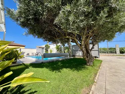 a blue bench sitting next to a tree at Casa de la Luz in Chiclana de la Frontera